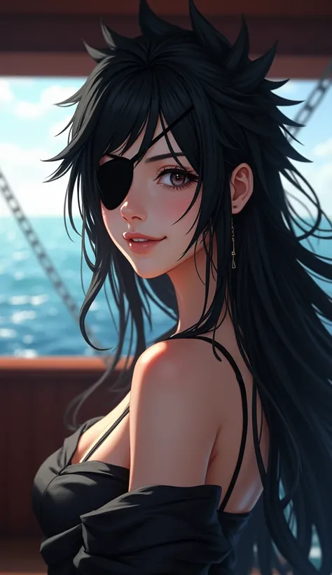 woman、Black Hair、Spiked Hair、、Seventeen years old、beautiful girl、Japanese、smile、 hiding his right eye with a black eyepatch、The background is on a ship 、