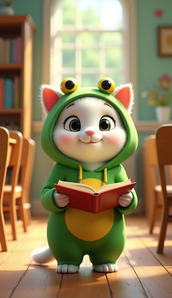 (photorealism:1.2), "A cute, animated white cat character standing at a school or library setting. The cat is wearing a green frog costume with big yellow and black frog eyes on the hood, with smile in her face. with its paws holding an open book, and the ...