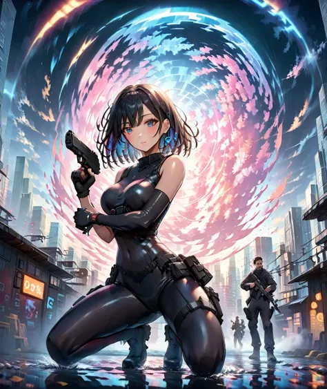 masterpiece,Best Quality,Best Quality,Very detailed,8k,wallpaper,A Japanese woman,Small face, Extremely Fitted Black Enamel Shiny Tactical Bodysuit,Tactical Headset,Tactical Holster,Elbow Length Tactical Gloves , break,Short Hair,wolf cut hair,Black Hair,c...