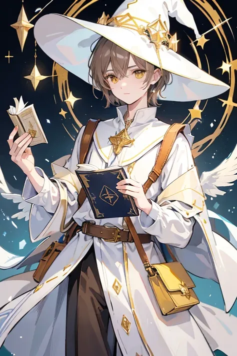 Eduard is a young wizard focusing on elemental and mystical rune magic, 23 years old, white with light brown hair, honey eyes, old money style clothes in white,gold  and yellow , wearing a witchs hat with a star on the tip, carrying his crossbody backpack ...