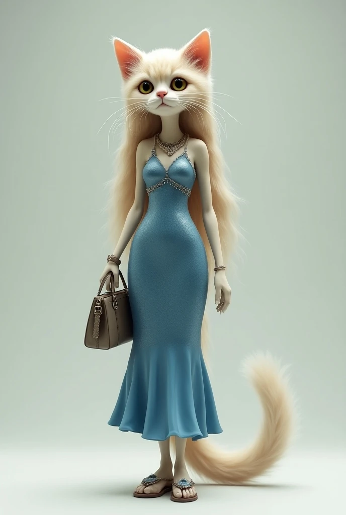 Real cat patli lambi one piece chamkili dress pahani Hui blue color ki hath mein bag labour pairon mein sandal pahne gai patali si lambi si cat