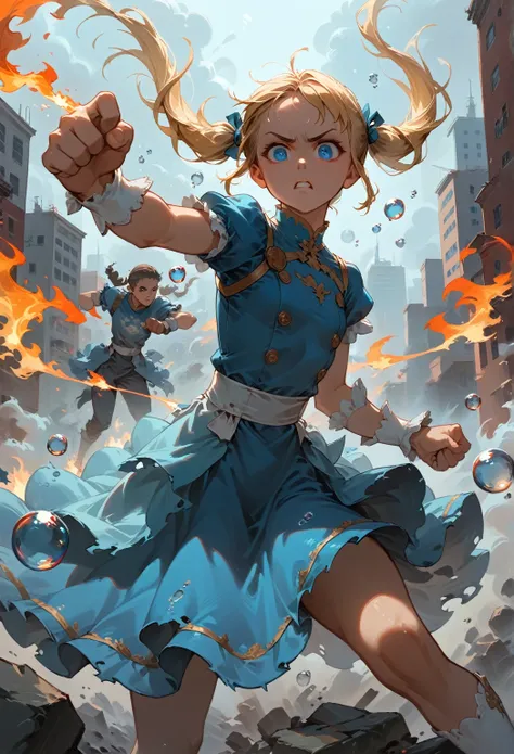 masterpiece, Best Quality, Bubble, Blue Dress,  Blonde Twin Tails , Pretty face,  highly detailed eyes, Intense gaze, Fighting pose, Destroyed city, A distant fire, Rising Smoke, 