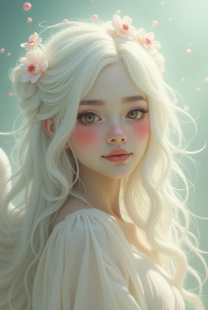 Clown, angel, woman, white hair, gentle face, 