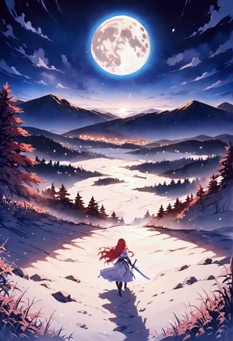 (masterpiece),(Best Quality), Staring at the Moon , Female Warrior, Red Hair, Long Hair, Rin々Shii, 美Shii鎧姿,  stabbing a large decorated sword into the ground,  putting my hand on the handle of the large sword ,  Final Fantasy , Vision, full moon,8k,  Detai...