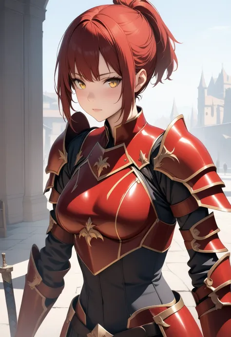 masterpiece,best quality,extremely detailed,high resolution(Photorealistic:1.1)red hair,short hair,short ponytail,yellow eyes,medium breasts,armor,Sword