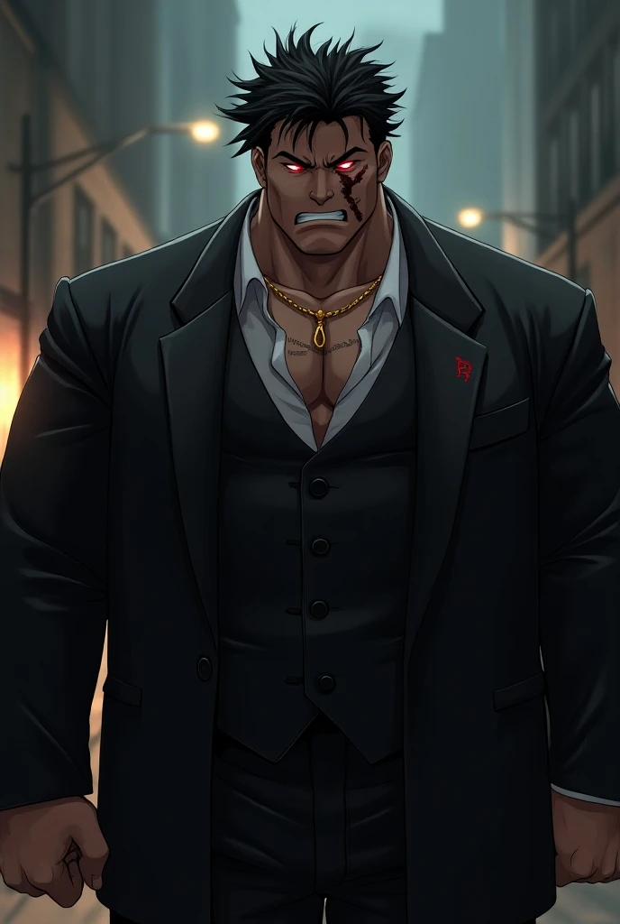 A MAFIA BOSS GUY WITH BIG BODY AND MUSCULAR, HAVE RED EYES WITH SCRATCH ON HIS RIGHT EYE AND BLACK BRIGHT MESSY HAIR AND ANIME GUY 