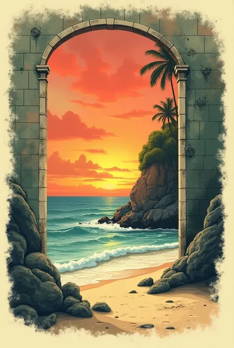  Generate an image that will be used to print t-shit t-shirts, vintage and retro style. Image of a building opening up and bringing a beach and a sunset