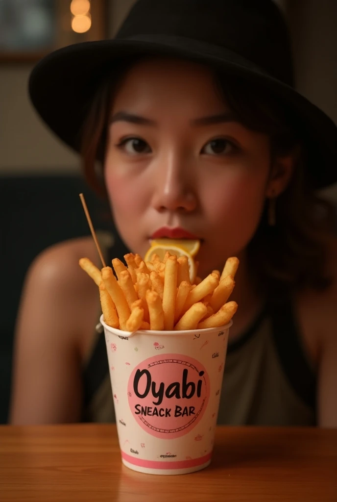 Snack Combo: 
Post Teaser for a Snack Bar

In a dark room

Pink lemonade drink with sliced lemon with  small nata de Coco in plastic cup,put on top Fries in paper bowl in top of the pink lemonade drink

drink fries combo

add text on cup "Oyabi Snack Bar"
...