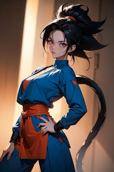 a beautiful saiyan girl,1girl, strong, thin,long black hair. She has a monkey tail. She is wearing saiyan armor,hands on hips, world martial arts tournament background, Akira Toriyama anime style,(best quality,4k,8k,highres,masterpiece:1.2),ultra-detailed,...