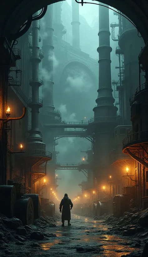 (RAW photo, realistic photo, high quality, masterpiece), view from the hole of the earth, underground machinery city, city under the earth, old city, many chimneys, dark, wet, deep , smoke from chimneys, many torches, poor human hardworking