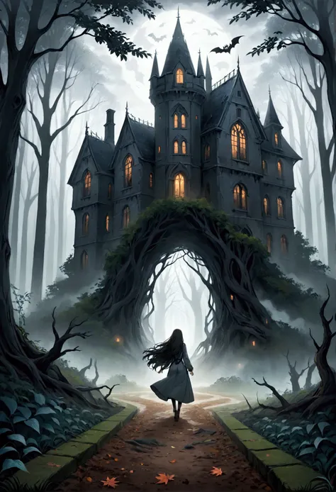 A illustration of a dark and misty forest with a dirt path. In the background, theres a spooky building with broken windows. The ground is covered with leaves. Theres a ghostly figure with long hair floating in the air. The overall ambiance is eerie and my...