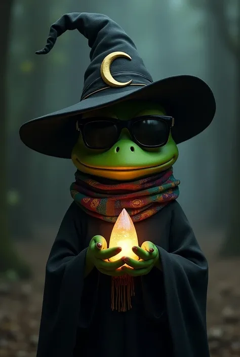 hat, candle, pepe meme , solo, sunglasses, pepe_focus, witch_hat, colored_skin, green_skin, black_headwear, scarf, coat, upper_body, crystal, jacket