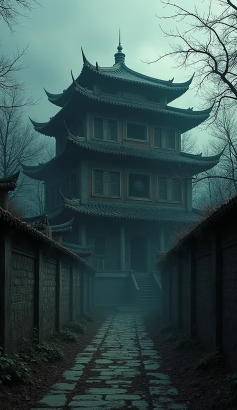 Terrible old Chinese house, dark atmosphere, scary old Chinese house, dark atmosphere, walled