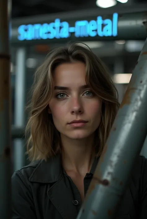 A 30-year-old woman with light brown hair against a background of steel pipes, with SANESTA-METAL written in blue in the background.