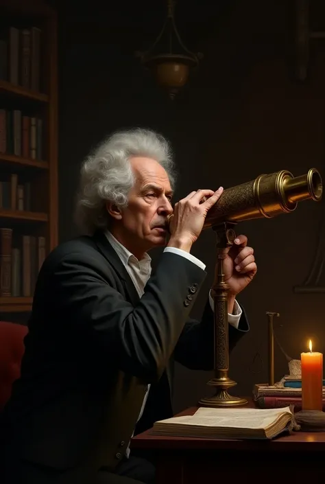 isaac newton looking through a telescope 