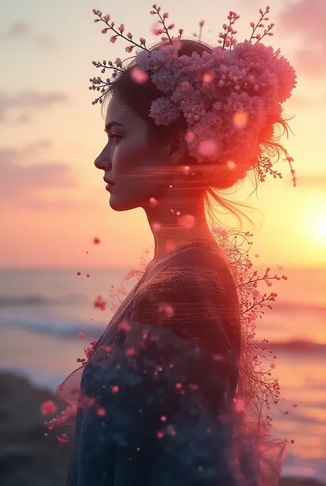 high quality, 8K Ultra HD, A beautiful double exposure that combines an goddess silhouette with sunset coast, sunset coast should serve as the underlying backdrop, with its details incorporated into the goddess , crisp lines, The background is monochrome, ...