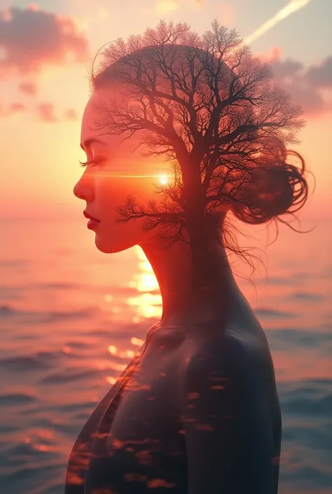 high quality, 8K Ultra HD, A beautiful double exposure that combines an goddess silhouette with sunset coast, sunset coast should serve as the underlying backdrop, with its details incorporated into the goddess , crisp lines, The background is monochrome, ...