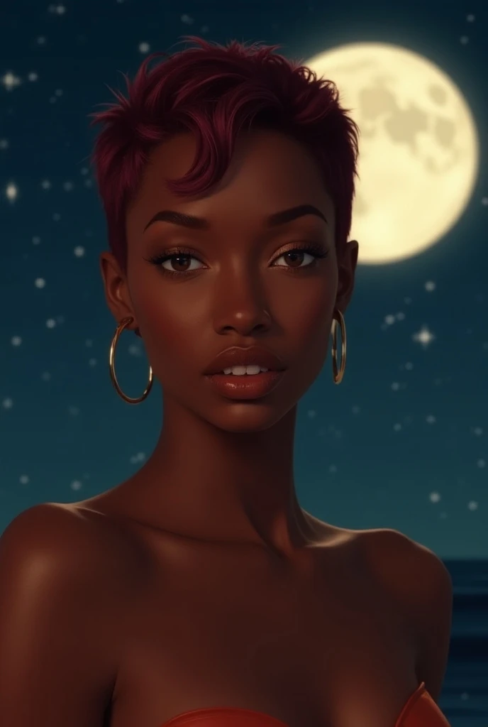 sexy nude black woman prefect lighting in front of a full moon bright night stars A Black woman with a short, burgundy 90s hairstyle evokes a timeless, bold, and elegant look. The hair could be cropped close with a clean, sharp cut—possibly a pixie cut or ...