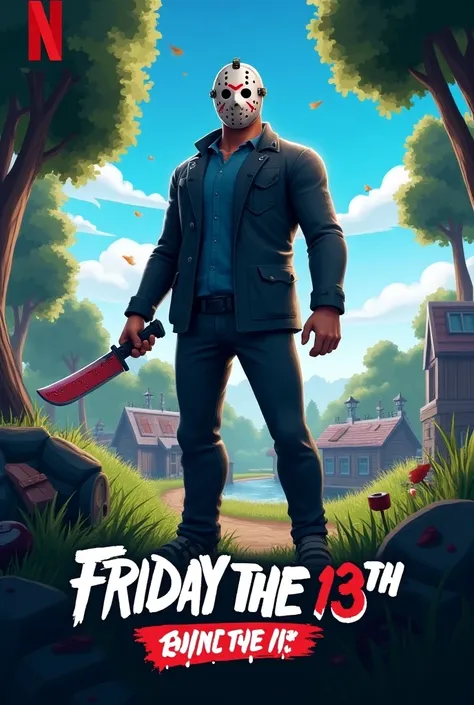 Make a poster for a YouTube channel depicting Fortnite and Friday the 13th the game