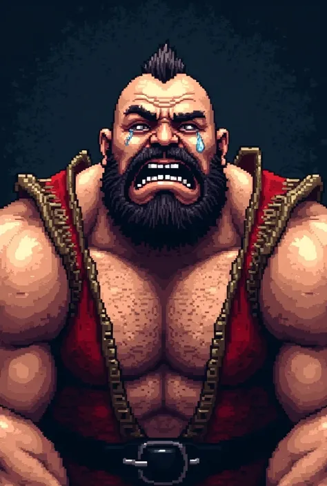 Rough pixel art, rough dot art, Zangief crying after losing, Street Fighter, mosaic effect