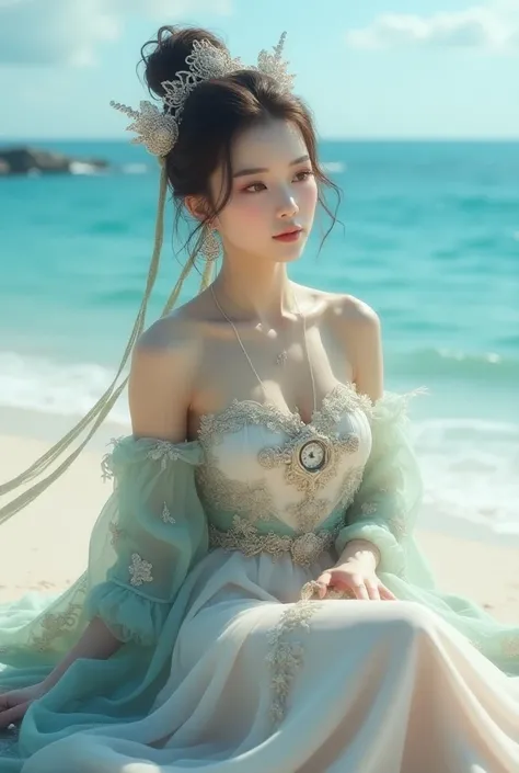 there is a woman sitting on the beach with a clock, queen of the sea mu yanling, beautiful digital artwork, 4k highly detailed digital art, a beautiful fantasy empress, 8k high quality detailed art, fantasy beautiful, by Yang J, beautiful gorgeous digital ...