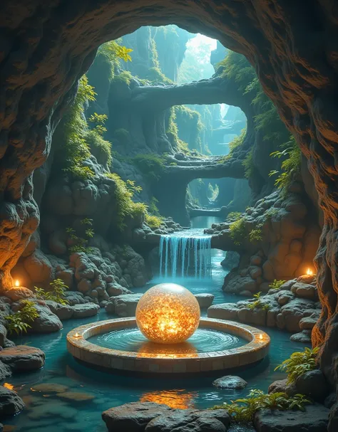 cave city ，inner ring structure ， inner chaos maze ， it has an energy ball on it（（（full of crystals））），water flow，dim light，magi...