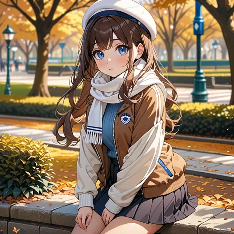 masterpiece, highest quality, highest resolution, clear_image, detailed details, long hair, 1 girl, comfy jacket, black short skirt, white scarf, white beret, no water marks, blue contact lenses, dyed brown hair, park