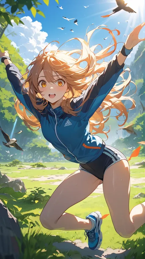 One Girl、Brave look、Sharp Eye、 long curly hair 、Sportswear、 Moments of Jumping 、Small breasts、Strong posture、  
   break、  
   Morning Light、( Energetic Light :1.1)、 Strongly Contrast Colors、Dynamic Shadows、Adventurous atmosphere、  
   break、  
    Jumping...