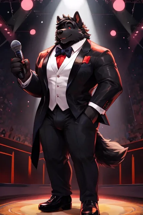 High quatilty, masterpiece, anatomy correct, whole body, 1boy, original character, anthropomorphic dog (newfoundland breed), furry, male furry, ((black dog)),((newfondland)), black fur, red eyes, on a colorful stage, black suit, white collar shrit, black t...