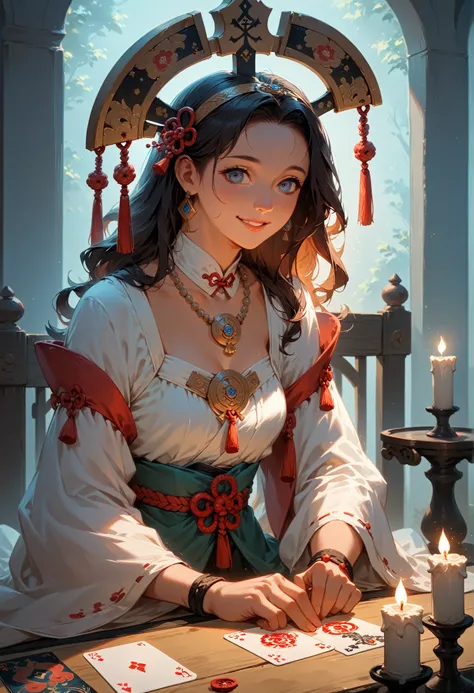 Best Quality, masterpiece, there is nothing, 1 female, Age 35, Japanese, Western style fortune teller costume,  hair accessories, necklace,  jewelry , Beautiful Face, Gentle smile, On top of that_body, Tyndall effect, Realistic, Divination Room, Candles on...