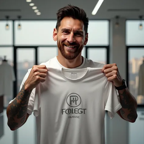 Lionel Messi qui propose le t-shirt de marque OLCEMAT PAMANE au clients 