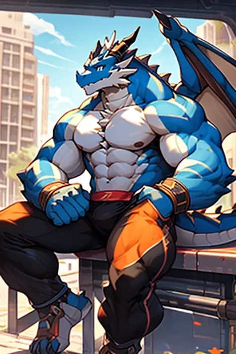  Masterpiece exquisite detail , dragon male, single, strong,  sitting in blue and leggings ,  slightly mechanized , slightly raised, crotch slightly raised by genitals,  Urban background , by orange, strong arms, strong pecs,  very large eight-pack abs,  c...