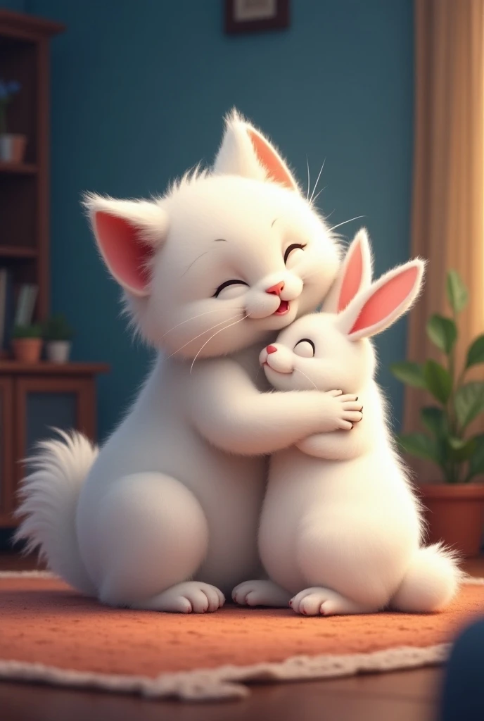 One White big cat, one white small rabbit, animate version, kiss together, cute mood, they hug together, peaceful mood, cat is bigger than rabbit, only one cat with one rabbit just two animals, make it more real, cat have to more bigger than rabbit, they a...