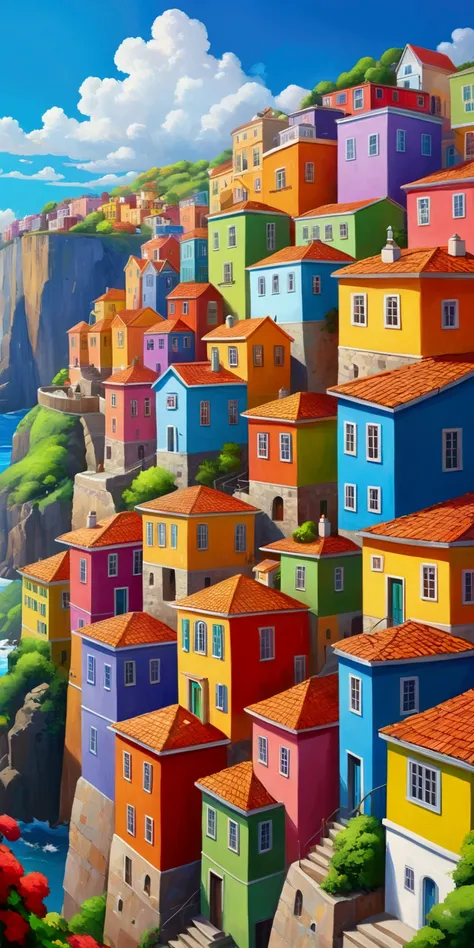 Masterpiece, best composition, best quality, colorful oil painting, a painting of a colorful city, colorful houses lined up closely along the cliff slope, vivid digital painting, city in pure colors, colorful scene, vibrant digital art, colorful buildings,...