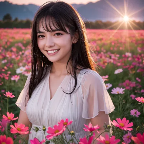 A beautiful detailed woman with wet hair, flushed cheeks, and visible fangs, smiling to show her teeth, surrounded by cosmos flowers in a field, backlit by a sunset with lens flare, soft background blur, surreal and high-quality, masterpiece, 8k, hyperdeta...