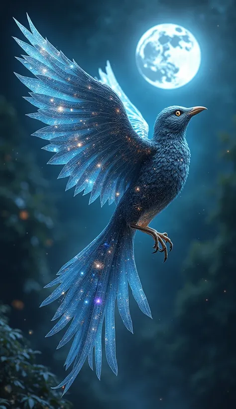 Lunar Nightingale: A nightingale glowing under moonlight, its feathers adorned with constellations, singing celestial melodies in the stillness of night. Make it beautiful monstrous. 