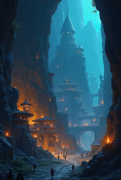 Animation, Dim, (Underworld), (In a cave), (Cityscape spreading in the depths of the earth), Dwarf village, close-up, rock wall with buried gems