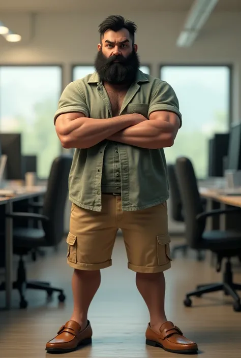 Dessine en 3D un homme qui a une barbe noir qui fronce les sourcils et habillé en mode vacances avec des mocassins avec un décor de bureau de travail et avec un poids normal pas beau goss et qui est énervé maigre avec un visage énervé 