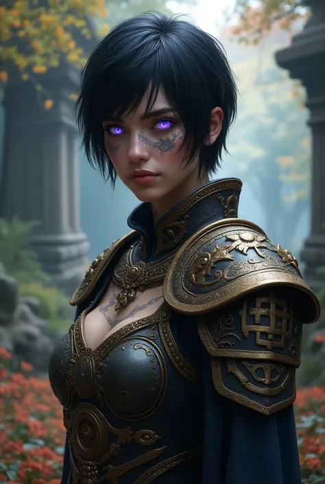 "A fierce female warrior standing in a magical forest. She has short black hair, glowing purple eyes, and intricate facial tattoos that radiate energy. She is wearing ancient, ornate armor decorated with detailed engravings and symbols, with a high collar ...