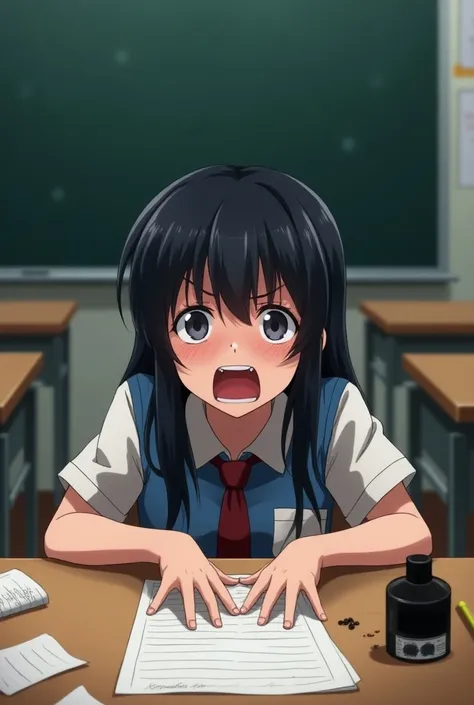 A black-haired girl who is desperate in the classroom. anime style 