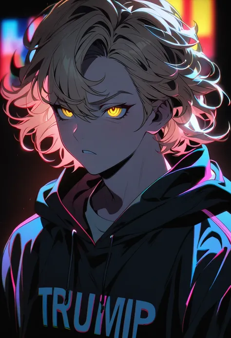 solo、Beige hair、Wavy hairstyle、Semi-long、Cat Eyes、Sharp Eye、Rinnegan、Yellow Eyes、cool、 very detailed,male、1 person, 20th Generation、Alone,  hoodie,comical,RGB lighting、Trump