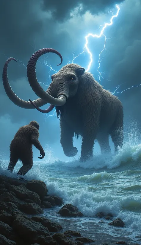 Jint woolly mammoth facing jint octopus both are in angery fase ware woolly mammoth in on land and jint octopus is in ocean background thunderstorm 