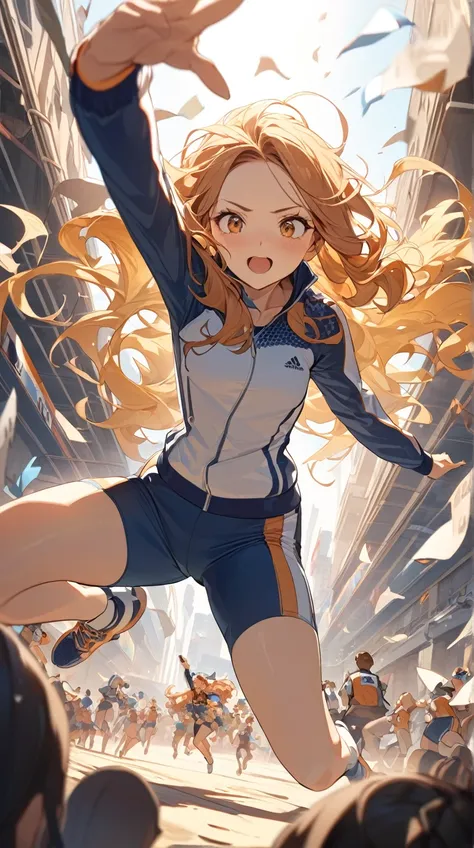 One Girl、 expression full of determination 、Sharp Eye、 long wavy hair 、 sporty costume 、 captures the moment of jumping、Small breasts、Strong posture、  
   break、  
   Bright daylight、(Strong light :1.2)、Warm colors、Gentle Shadows、 tense atmosphere 、  
   b...