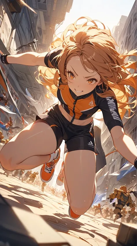 One Girl、 expression full of determination 、Sharp Eye、 long wavy hair 、 sporty costume 、 captures the moment of jumping、Small breasts、Strong posture、  
   break、  
   Bright daylight、(Strong light :1.2)、Warm colors、Gentle Shadows、 tense atmosphere 、  
   b...