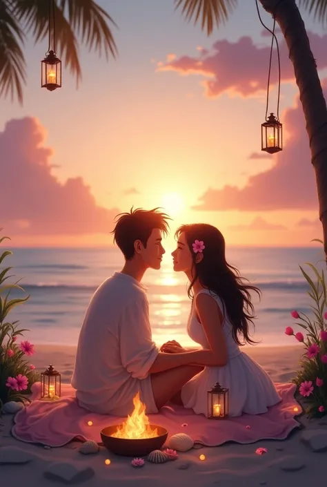 { "prompt": "A romantic scene set at twilight on a secluded beach. A couple sits on a blanket near a small bonfire, holding hands and gazing into each other’s eyes. The golden glow of the setting sun reflects on the calm ocean waves, with soft pink and lav...