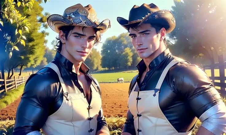 [((highly detailed, detailed eyes, detailed face, clear and realistic facial features, photorealistic, realistic light, cinematic, facing the viewer)), ((((2 men)))), (((((Gorgeous sexy masculine male cowboys, each looks unique))))), ((((traditional farm o...