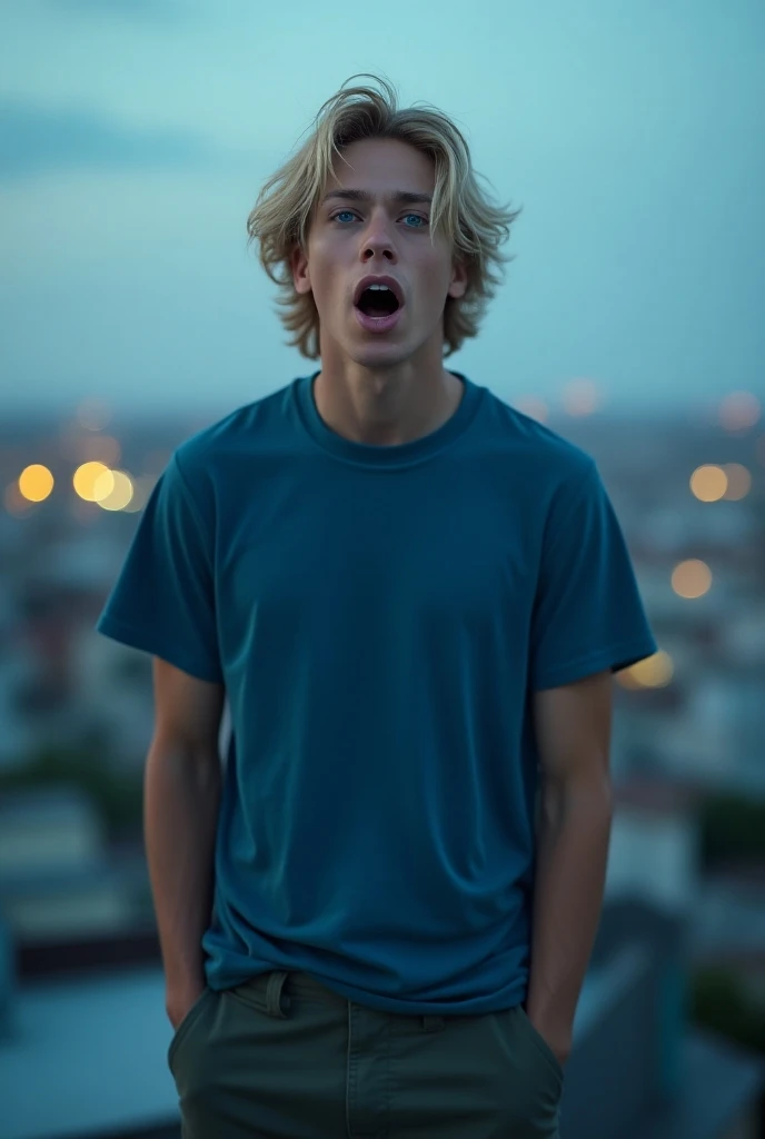 Style fantastique.
On the roof of a building at dusk ,Handsome athletic 20 year old boy with blue eyes, mid-length blonde hair, habillé dun pantalon large de skateur et dun tee-shirt large bleu comme ses yeux.  He opens his mouth wide and his eyes wide ope...