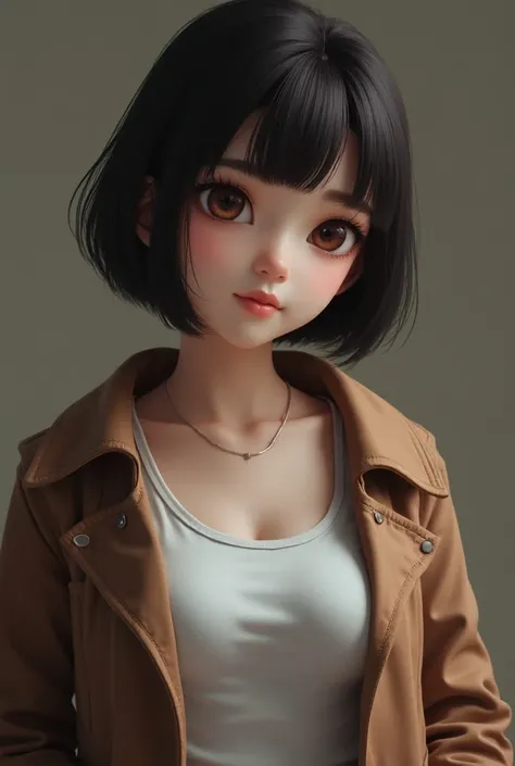 T-shirt, coat, , (photorealistic:1.4), (best quality:1.0), (ultra highres:1.0), 8k, RAW photo, (masterpiece:0.2), , zydG, 1girl, detailed skin, looking at viewer, brown eyes, (short hair with bangs:1.2), (large breasts:1.0), (large areolae:0.8), , (pureero...