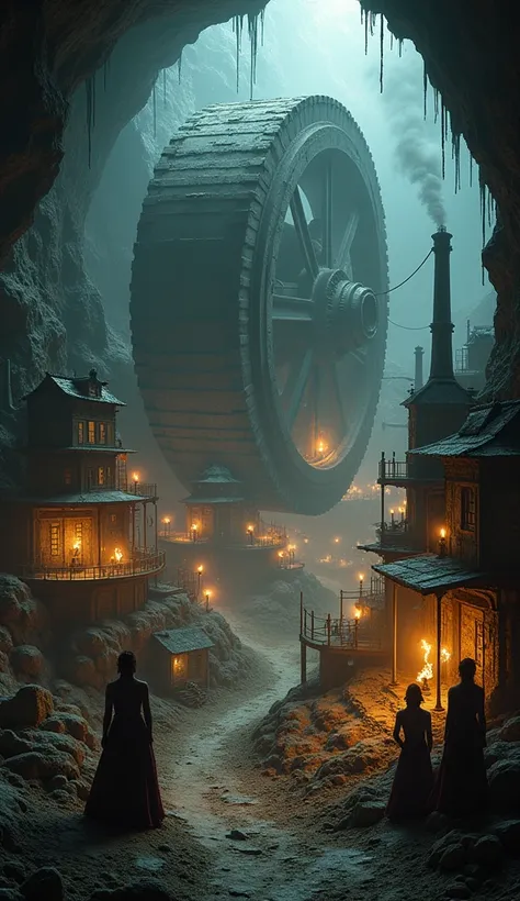 (picture separated in four column, high quality, masterpiece), bird view, viewing from the cave , underground machinery city, city under the ground, giant rolling wheel in the city, old city, many chimneys, dark, wet, deep , smoke from chimneys, many torch...