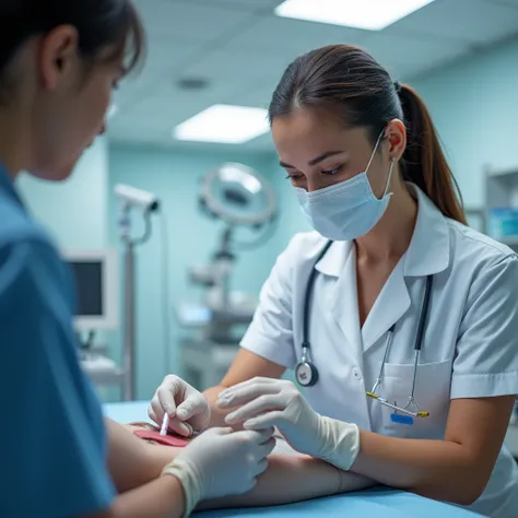 A nurse in a medical mask takes a blood sample from a man.
Photorealism. 4K